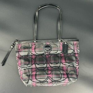 Coach Poppy Tartan Black & Purple Plaid Signature Tote Bag, F17712